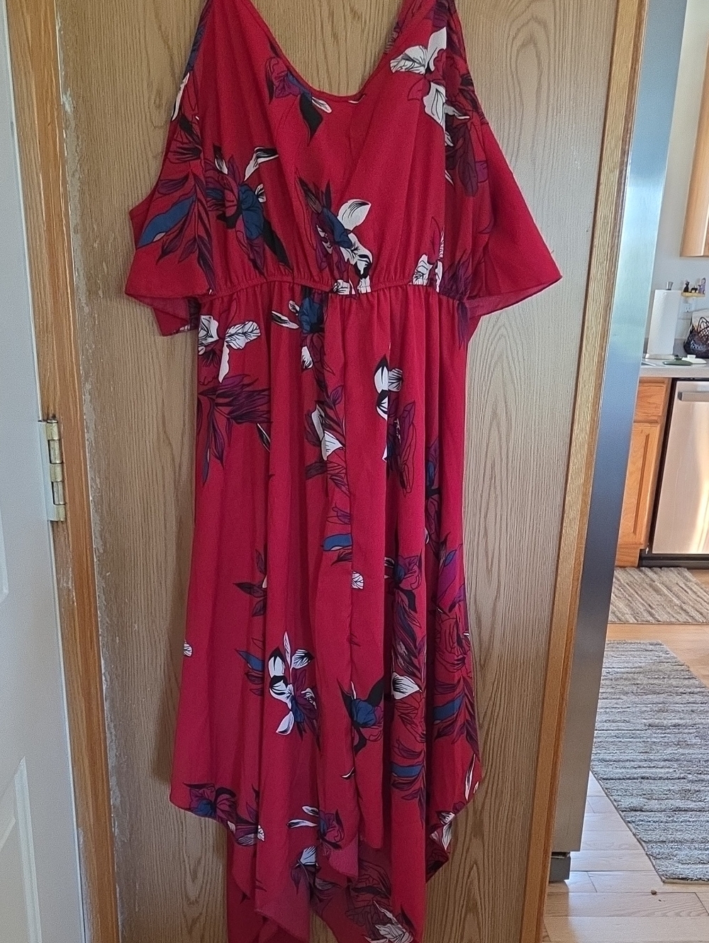 Source Unknown Red Floral High-Low Cold Shoulder Dress
